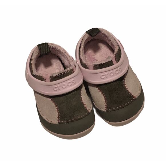 Crocs Pink Brown Lined infant size 4 - Picture 1 of 2